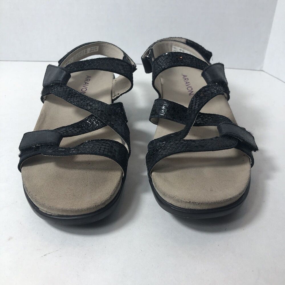 Aravon Sandals Womens Size 8 Comfort X Strap Ankle Black Snake Print D - Picture 6 of 10